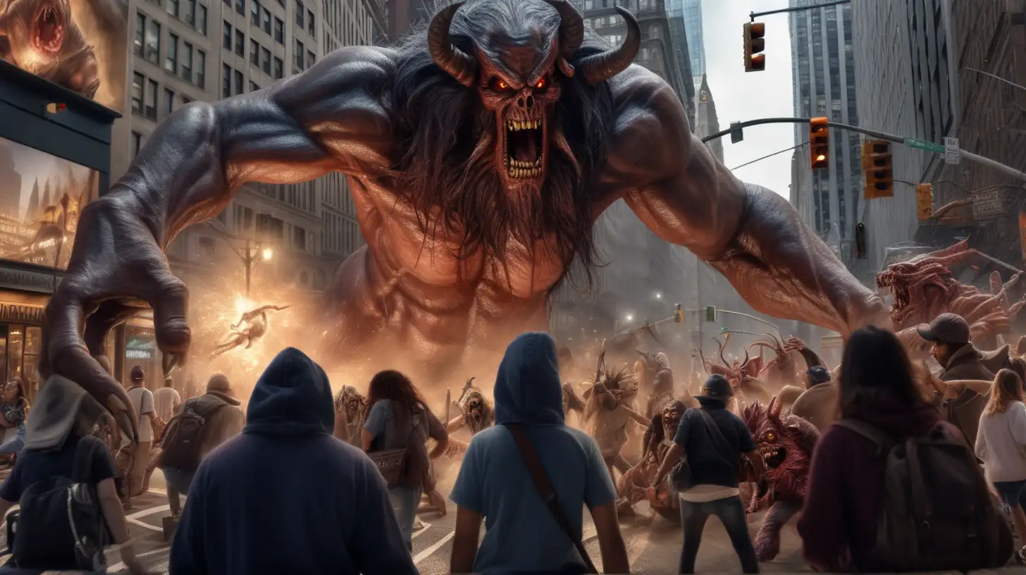 Demons, terrorists, witches, monsters attack, in manhattan, hyper realistic, dramatic lighting