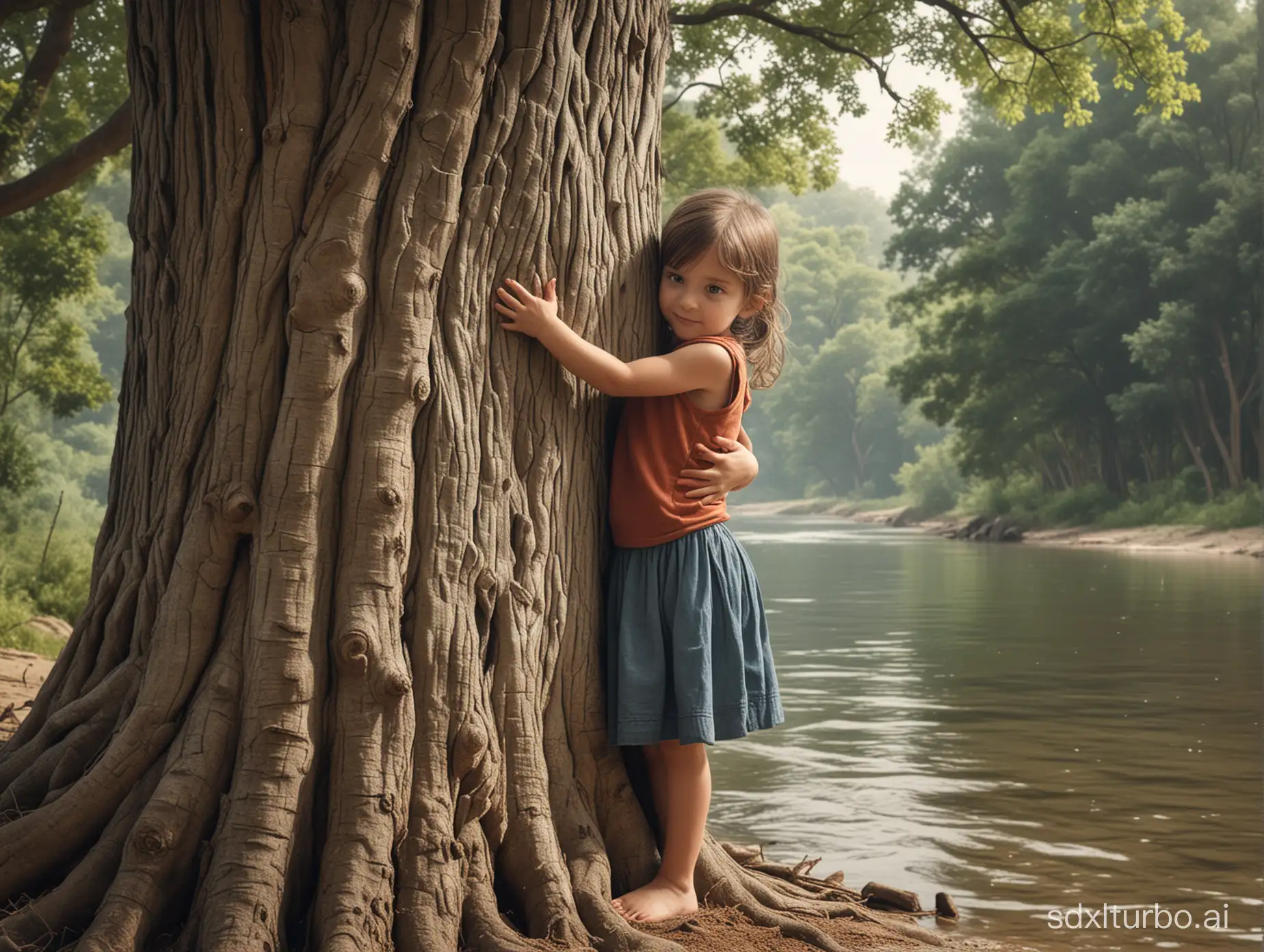 Create a hyper realistic picture of a child hugging a large tree near a river