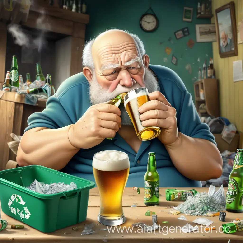 Elderly-Man-Enjoying-Beer-and-Snacks-Amidst-a-Disheveled-Setting