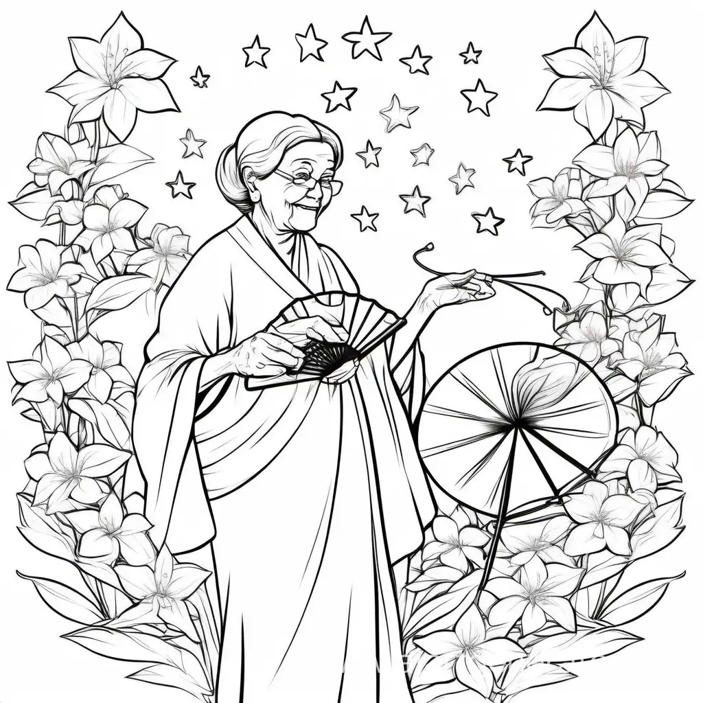 бабушка с веером на белом фоне, рядом несколько красивых жасминов, на небе четыре звезды, нарисовано минималистично, как будто для раскраски, 
