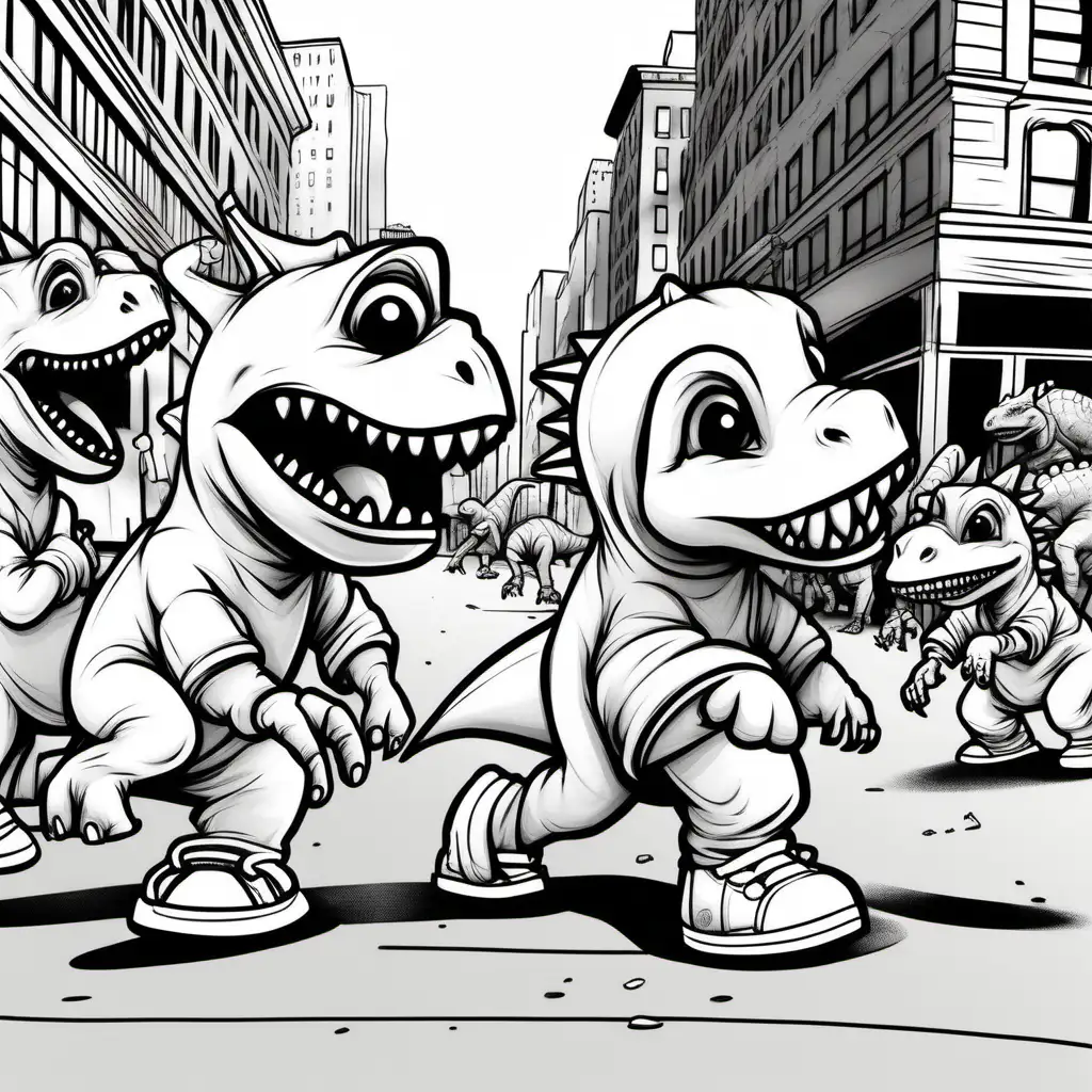 three Baby hip hop dinosaurs break dancing spinning on back on street nyc near crowd of people, dark lines, no shading, coloring pages for children
