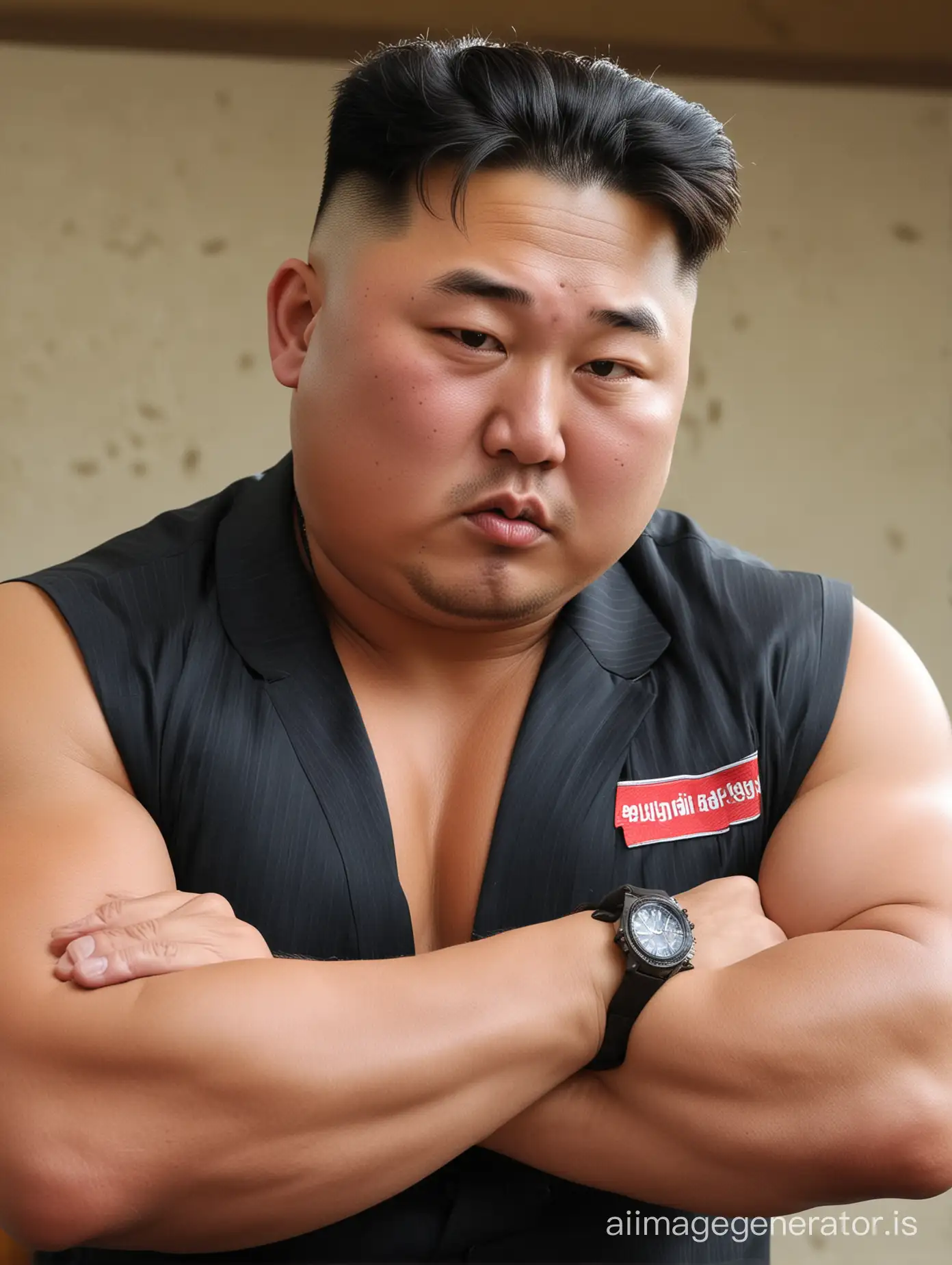 Kim Jong Un as a bodybuilder looking down at his watch