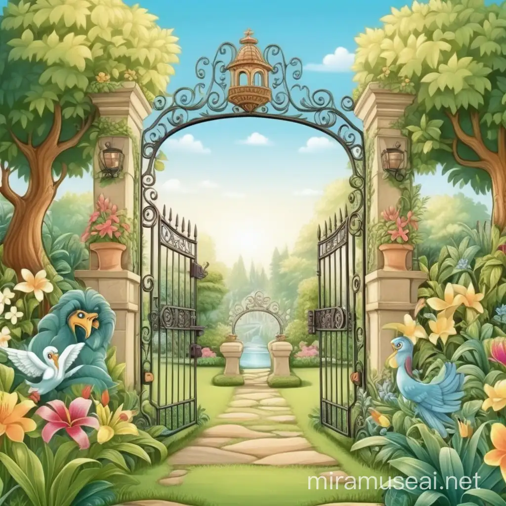 Whimsical Cartoon Garden of Eden with a Charming Gate