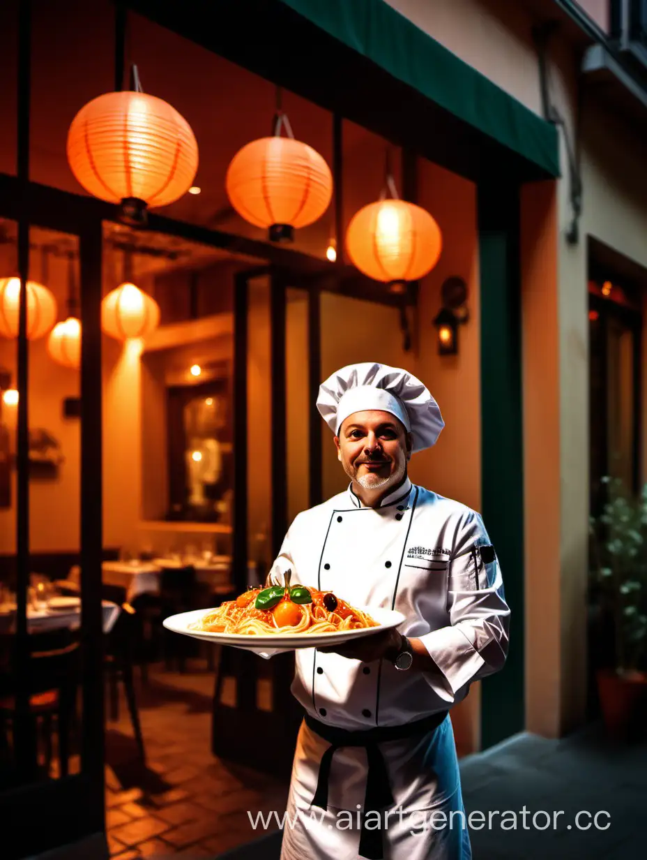 реальное фото повара, который держит итальянское блюдо, на фоне итальянского ресторана вечером, в зале включены оранжевые фонарики, которые придают ресторану атмосферу