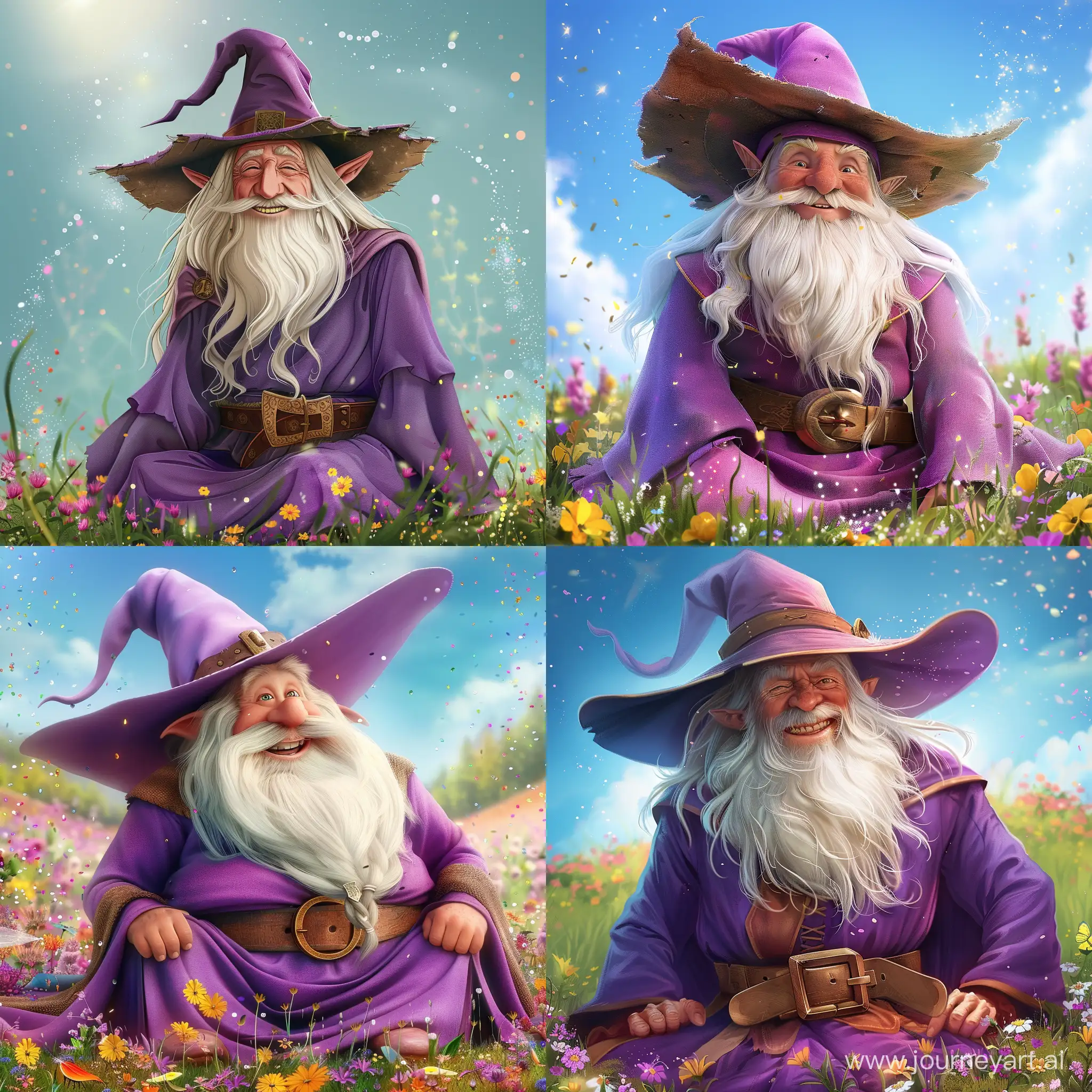 a cartoon smiling wizard with a pleasant friendly face, in elegant purple clothes, long white hair and beard, wearing a pointy wizard hat made of rough cloth with the wide leather belt and bronze buckle, sitting in the magical flowery field, fairy sparkles and dust in the air, 
