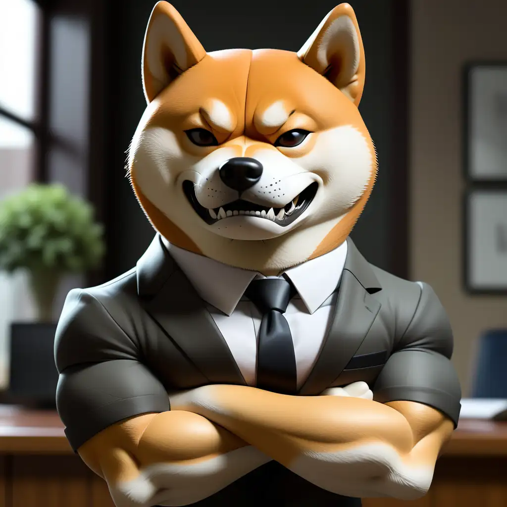 Can you create a really muscular mad Shiba Inu in a Suit, where you see from the Hips to the head with the arms crossed (The Shiba Inu stands like a human) - background should be transparent