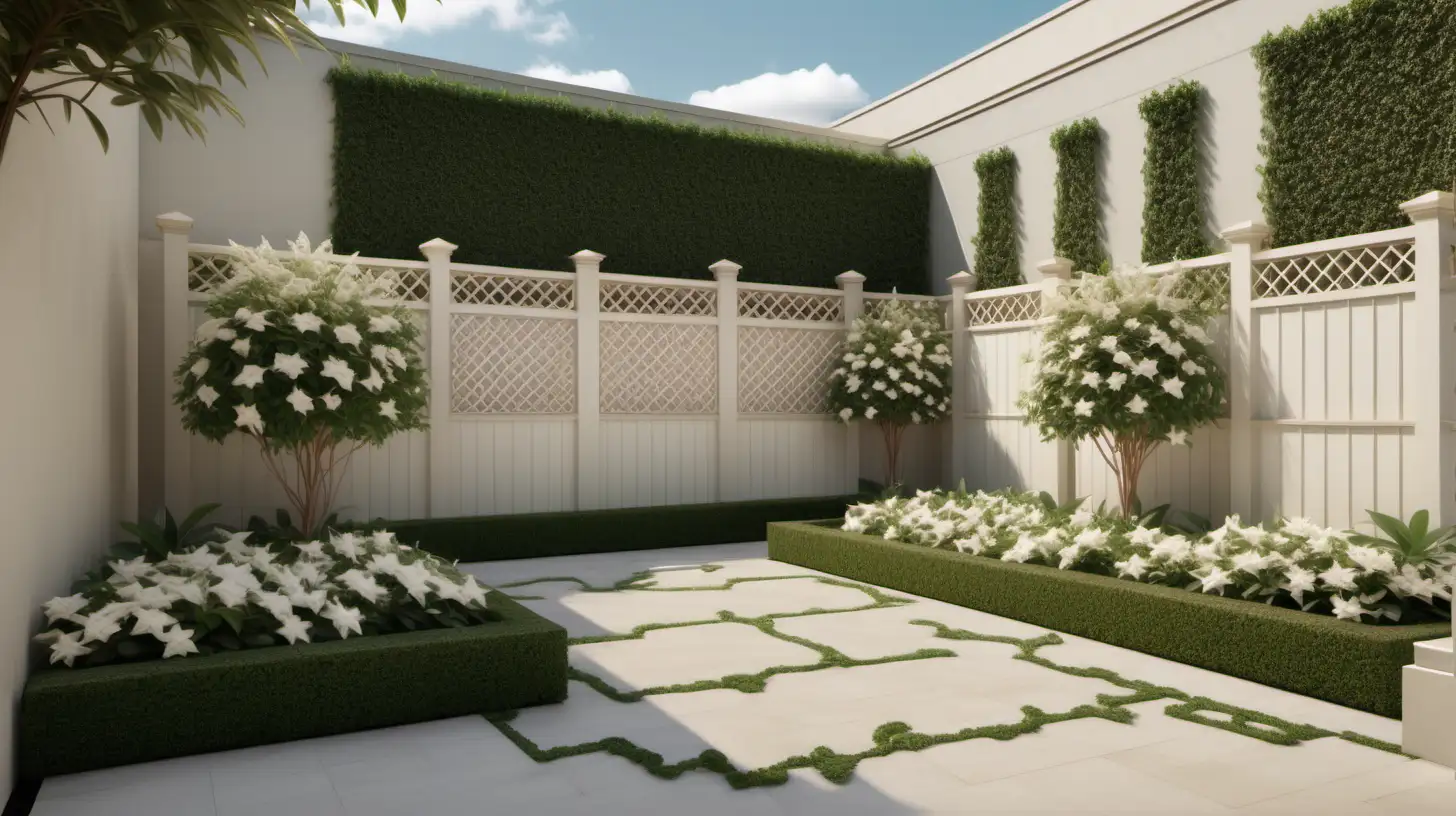 grand Modern Hausmann estate home courtyard in beige, ivory and limestone with diamond patterned espalier creeping star jasmine on the ivory rendered fence; Realistic 8k; 