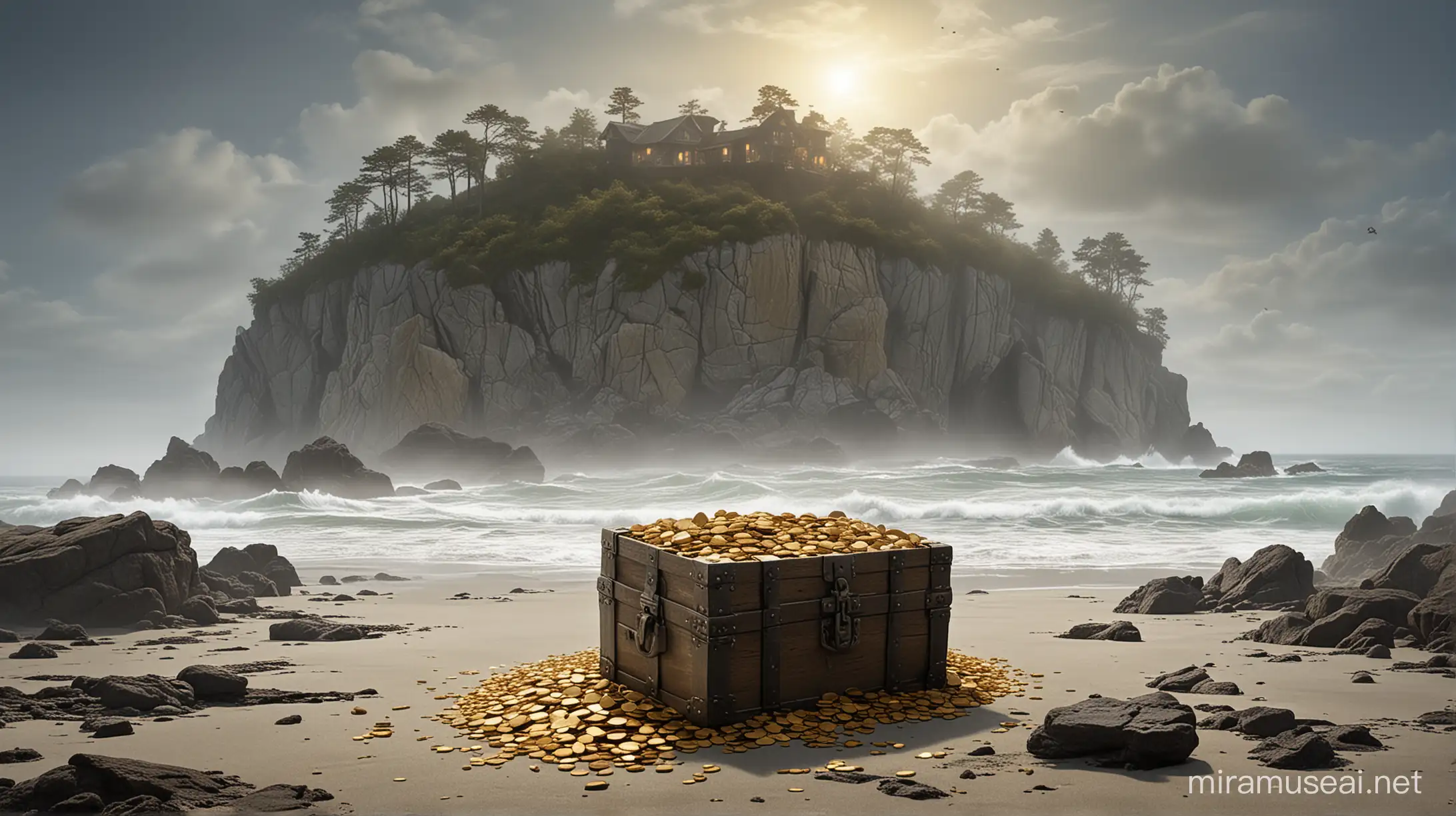 Illustrate Oak Island emerging from a mist-covered sea, with an aura of mystery and intrigue. The island should appear rugged and remote, with dense vegetation and rocky cliffs. In the foreground, a partially open treasure chest can be seen, spilling gold coins and jewels onto the sandy shore. Shadows of explorers with lanterns and shovels can be faintly seen in the background, hinting at the ongoing quest for the hidden treasure.