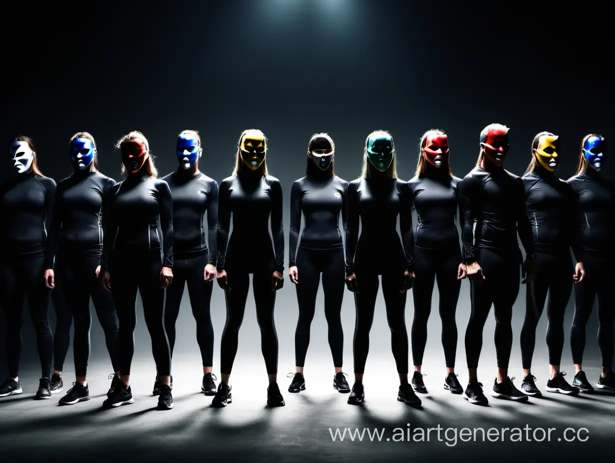 Девять персонажей в зеркальных масках стоят в темноте, одеты в черную спортивную одежду. Маски разного цвета