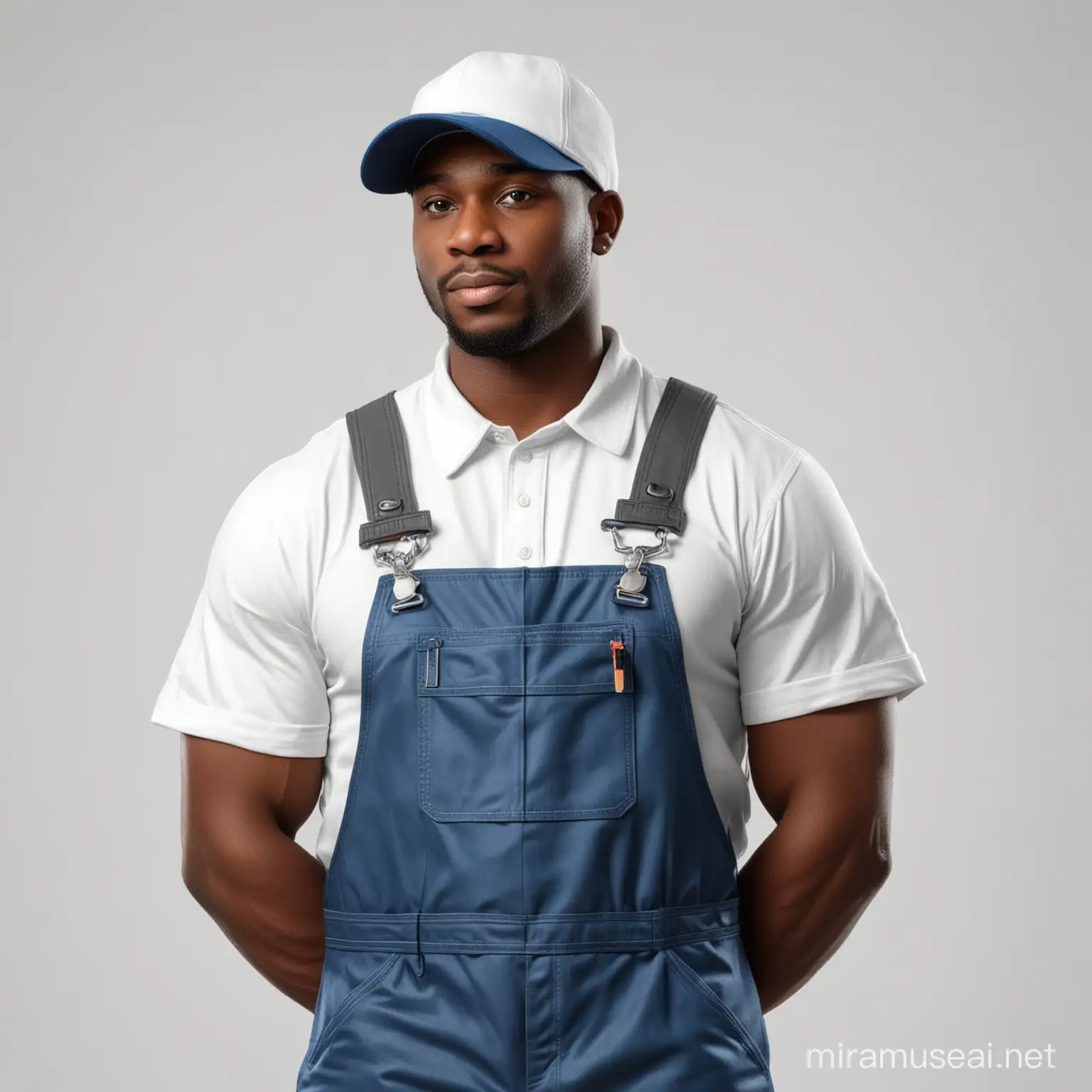 Create a realistic 3d portrait (Waist up) of a black male plumber in plumber attire on a white background