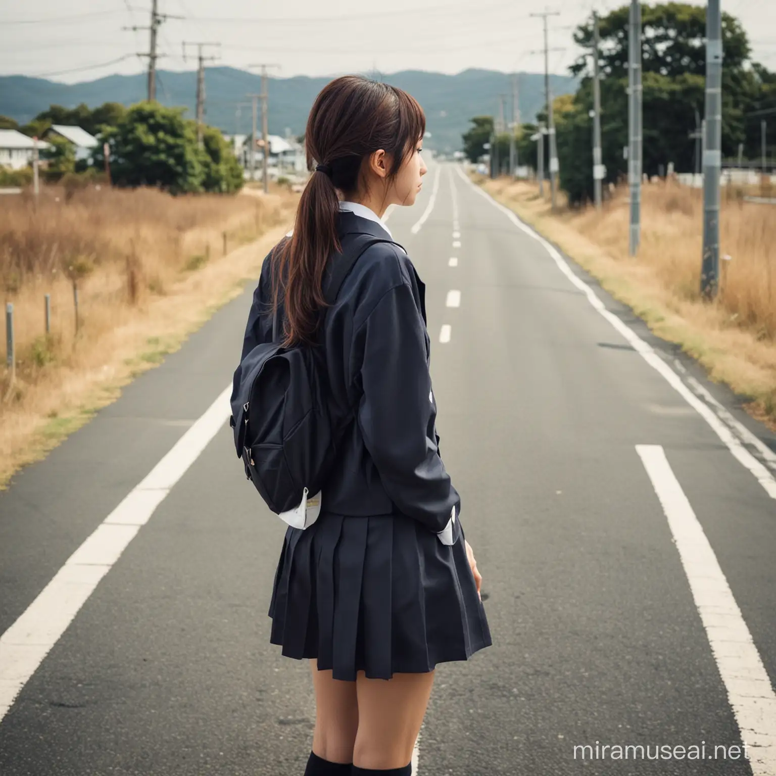Contemplative High School Girl in Japanese Student Uniform Facing Away from Road