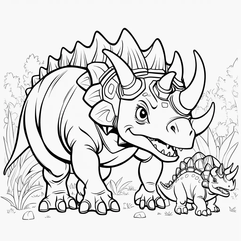  anime characters and  triceratops dinosaur, cartoon
, coloring page, black and white, no shading,  high dof, 8k,--ar 85:110