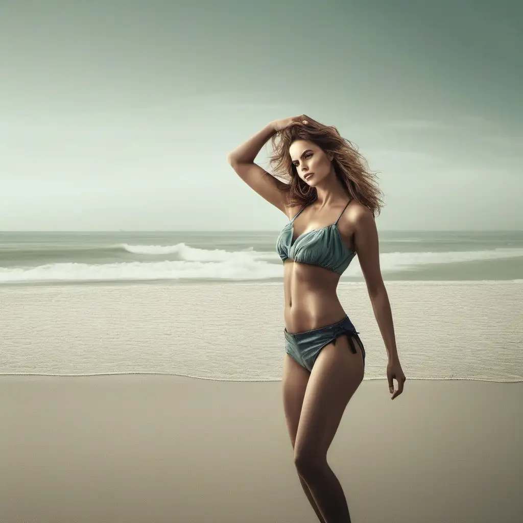 create a photo of a woman posing on a beach