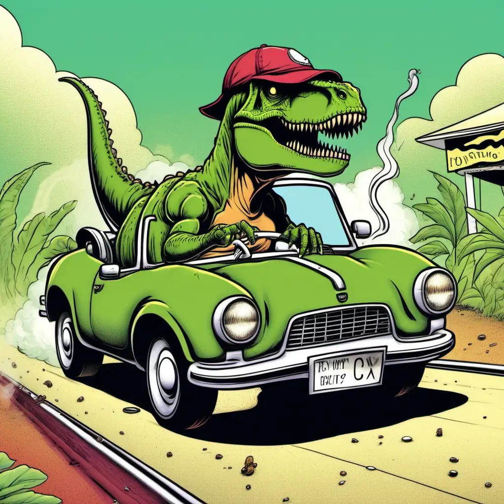 t-rex driving a car in a baseball cap smoking joint