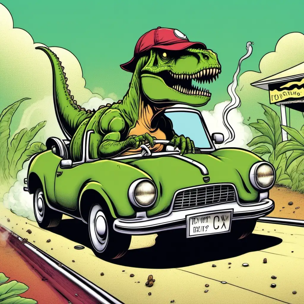 TRex Driving Car in Baseball Cap Smoking Joint