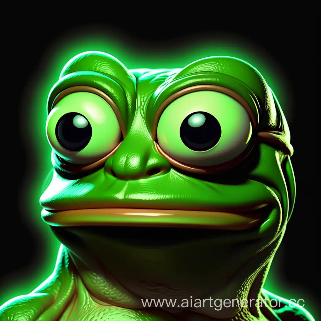 Pepe the frog stands full-face in the dark, on a black background, a glowing green rectangle hangs in front of his face