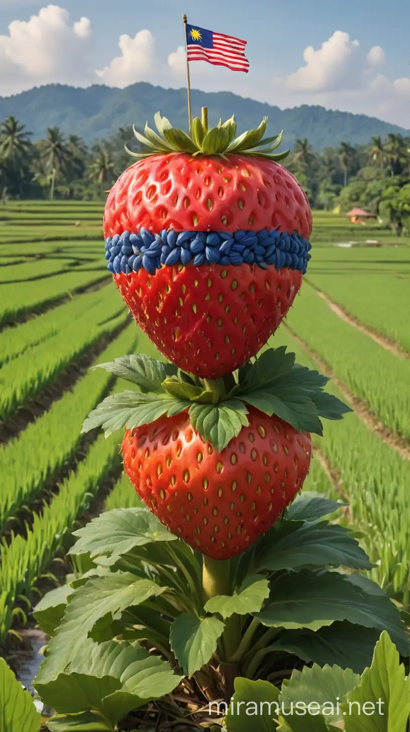 Giant Strawberry in Malaysian Flag Theme Amid Rice Fields