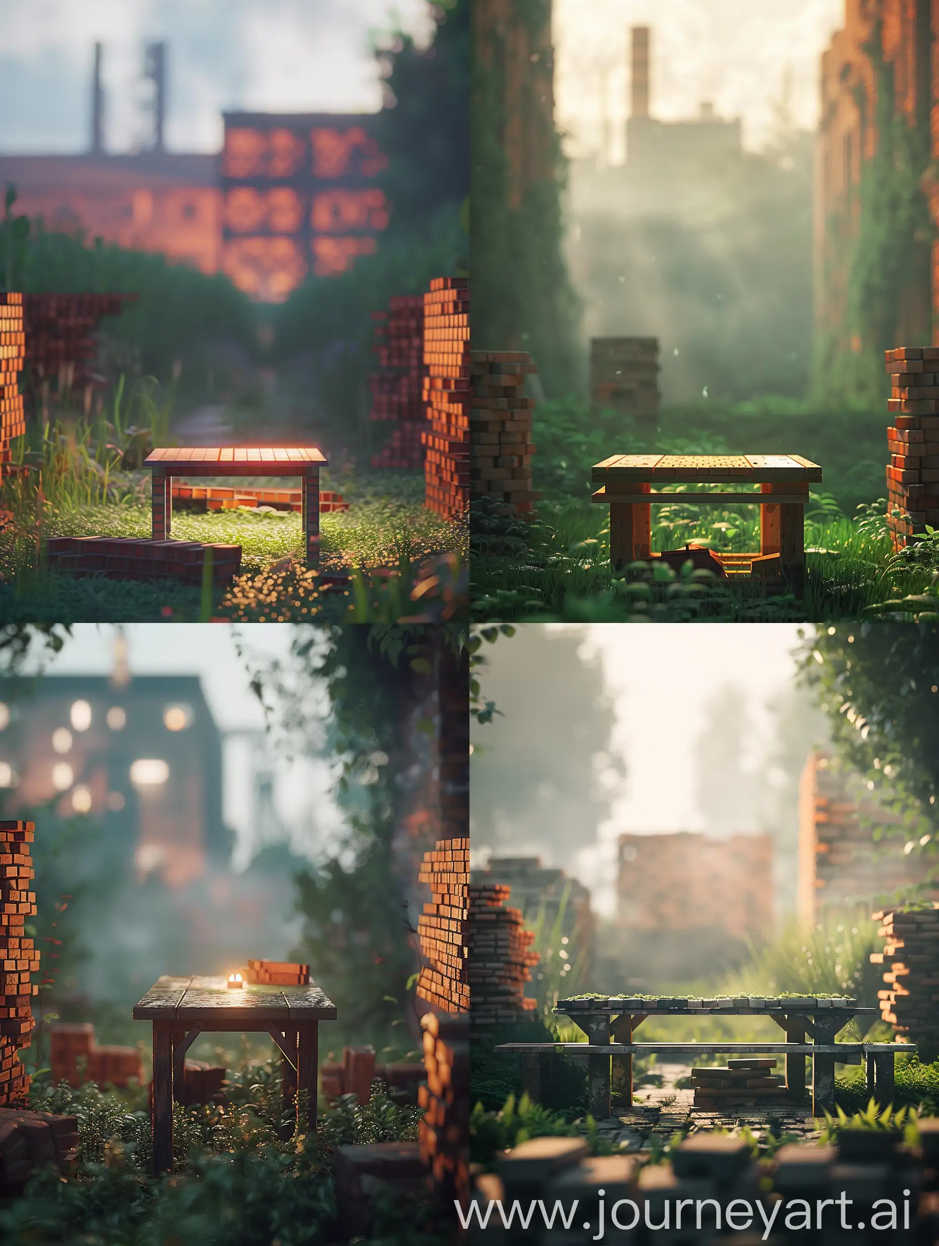 a haft-sin table in a table in a green area, ;soft lighting; in background there is a brick factory blurred out, some stacks of brick is placed in the sides and the border of the picture hyper realistic;  joyful pic