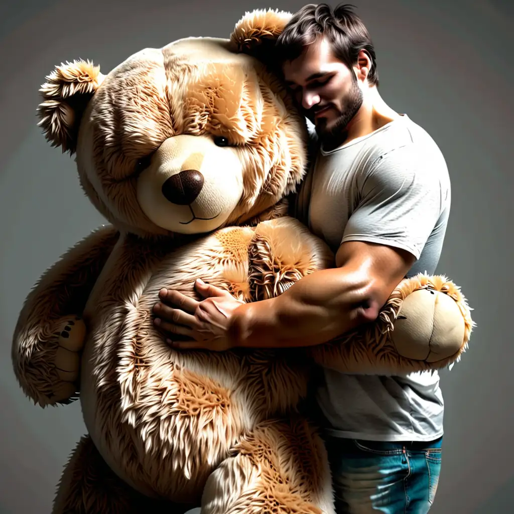 Realistic big teddy bear hugging a man