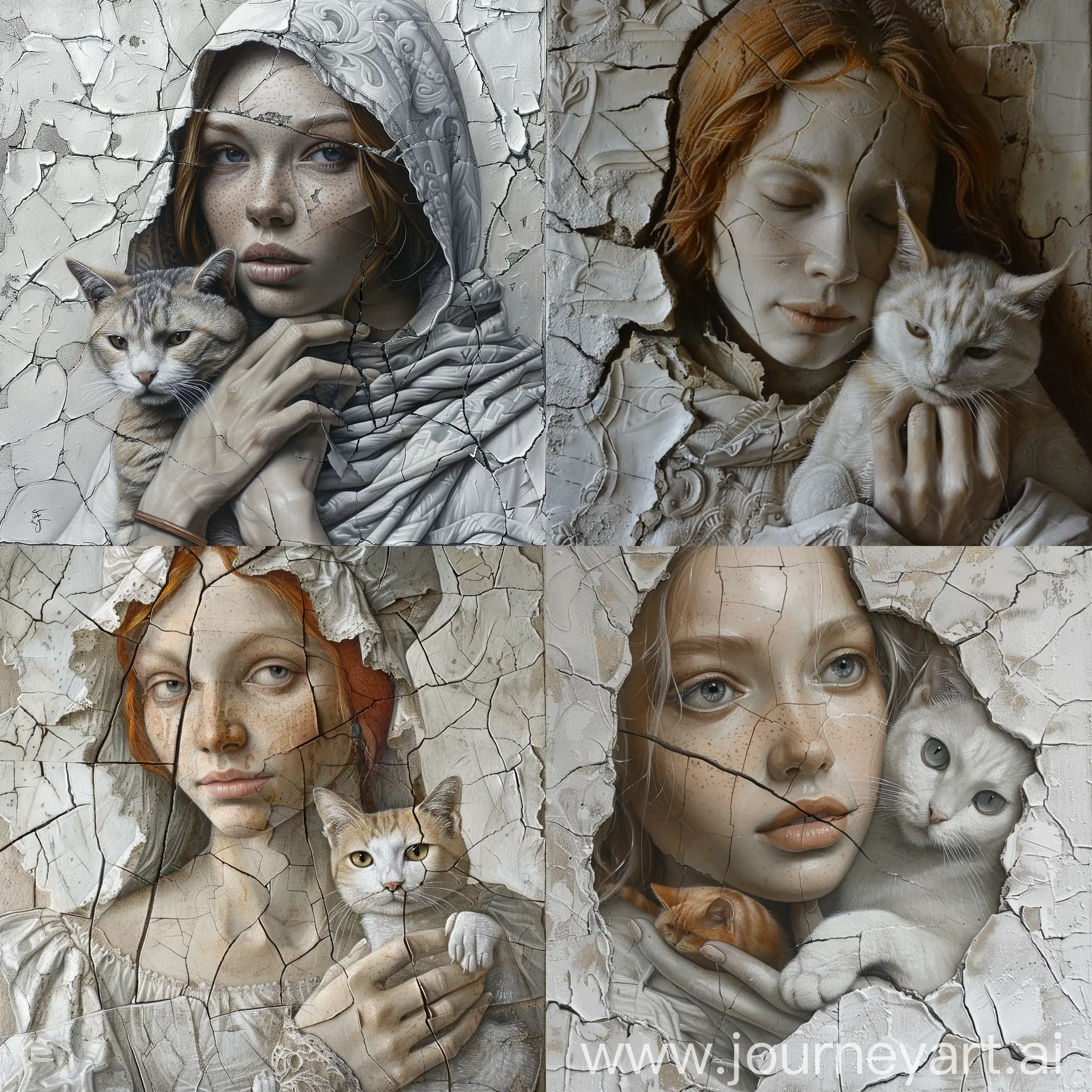 old Renaissance museum painting dramatic lighting plot,painting of a woman holding a cat, detailed painting, fantasy art, white and gray, with white, fresco all cracked burst edges oblique lines, beautiful and realistic faces, detailed painting