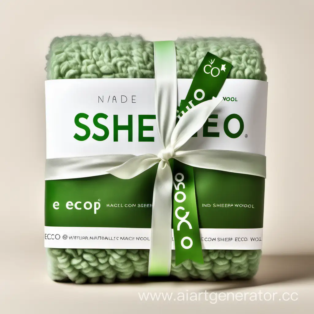 Одеяло в прозрачной упаковке со знаком "ECO" с зеленой лентой с надписью "Из натуральной овечьей шерсти"
