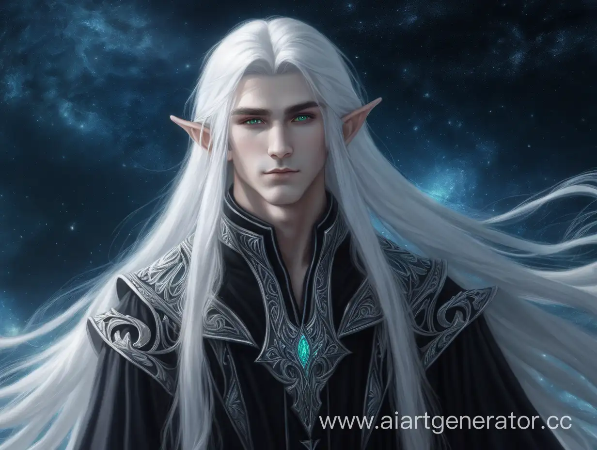 elf , long hair , white hair , black clothes , 20 years old , man , astral background , прическа конский хвост 