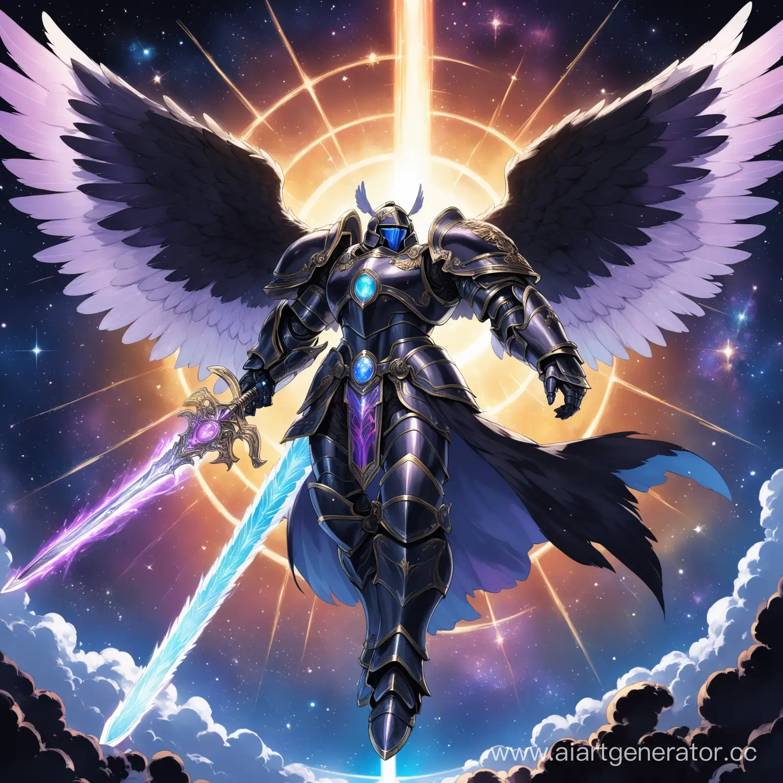 A giant archangel knight, 4 wings; iridescent black armor; a large space cannon flies next to him; he holds a sword consisting of cosmic energy in his hands