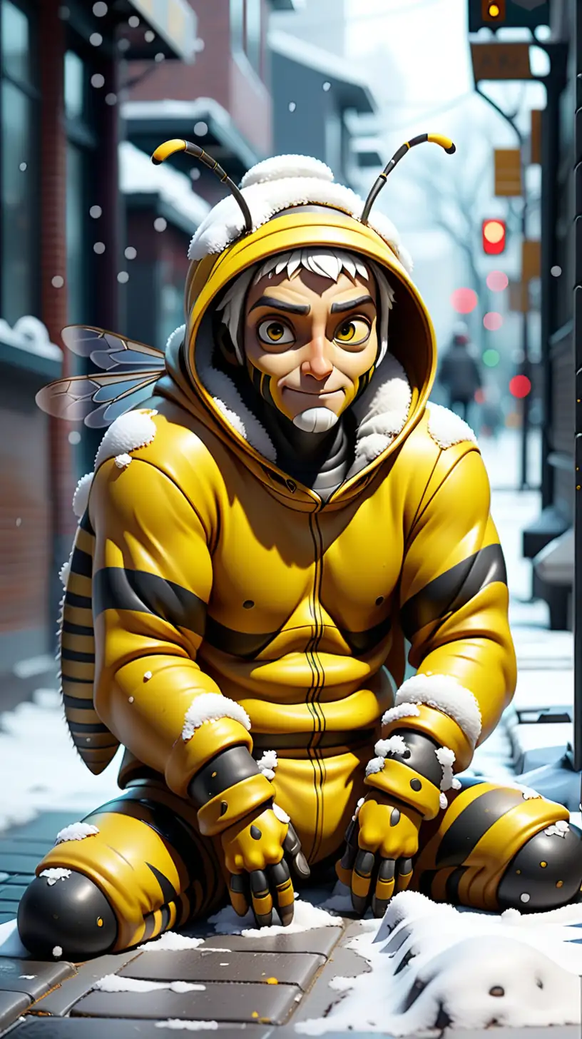 Winter Street Rest Bee Person in Snowfall