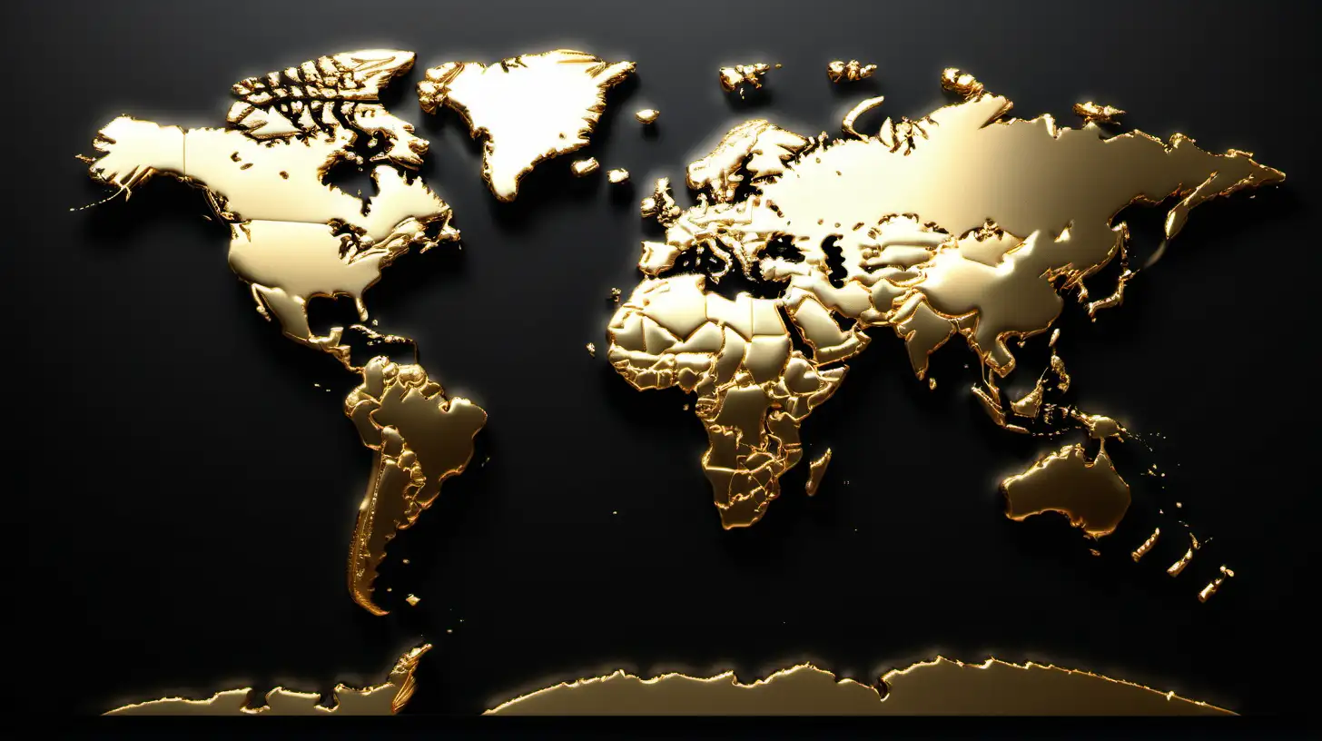 3D image of world map, metallic, gold continents, black background