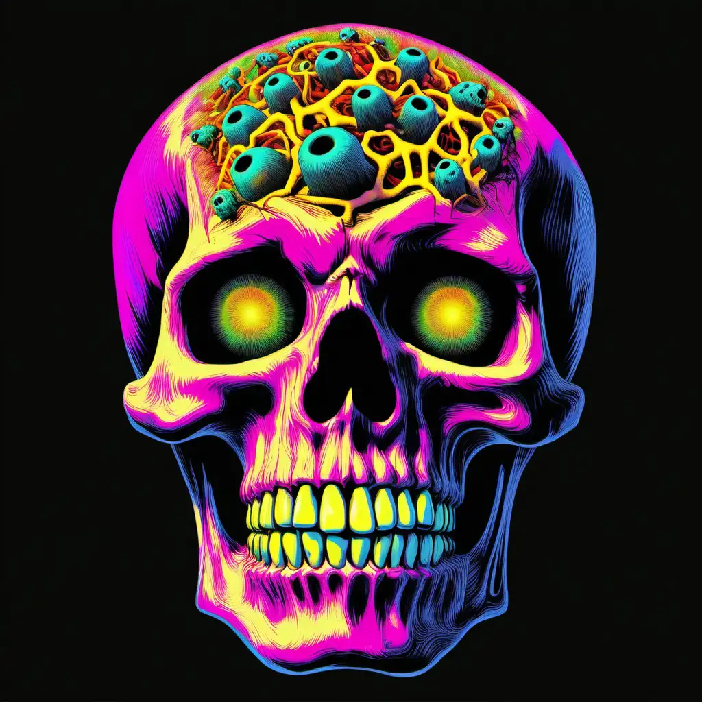 psychedelic image of a multicolored skull with maggots coming out of its eye; 400dpi; black background