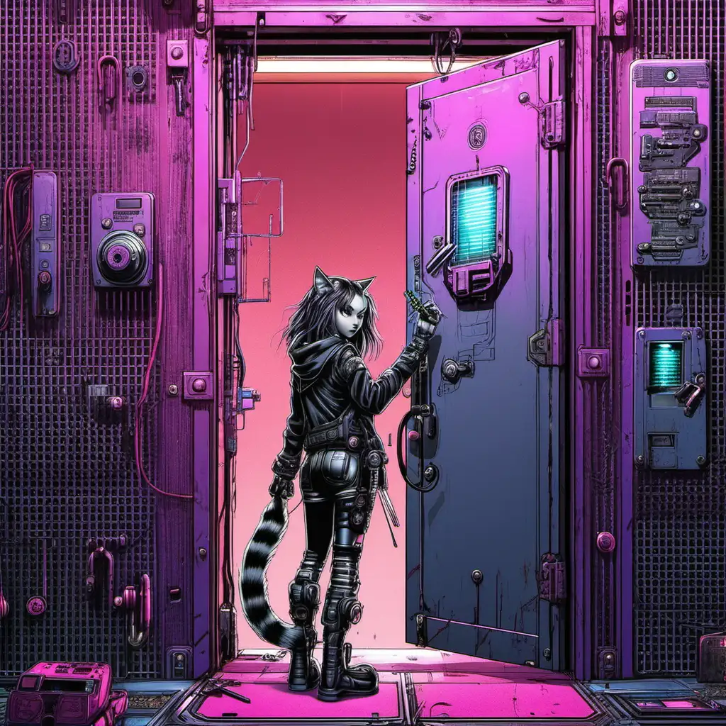 Cat cyberpunk girl lock picking door


