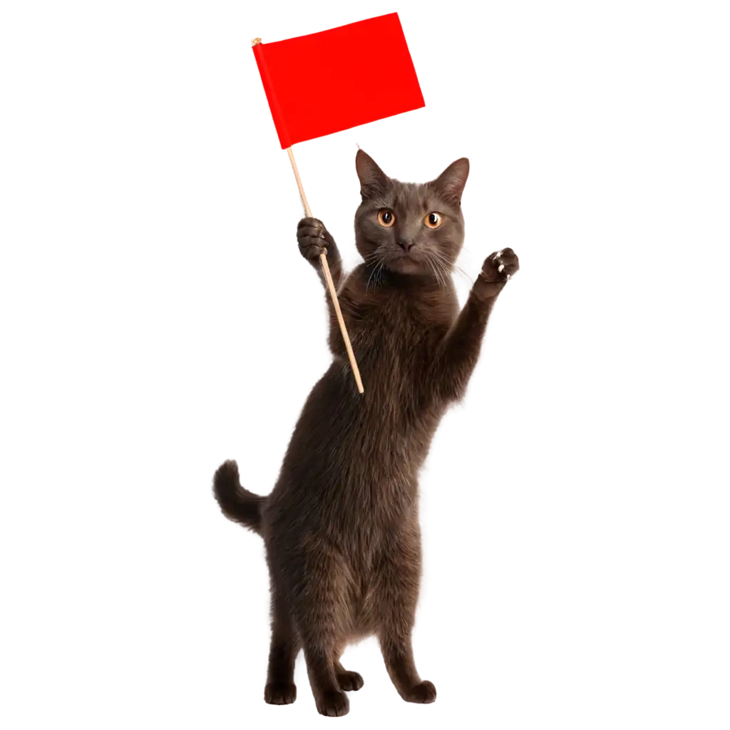 the cat's holding a red flag and looking straight ahead