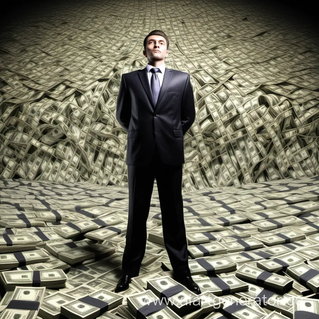  бизнес богатый мужчина стоит в большом количстве денег