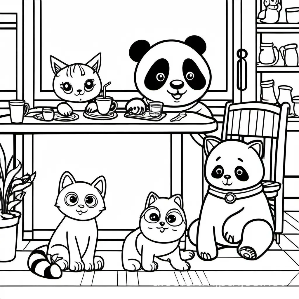 Cute Panda bear with cat and dog at the  Café, Coloring Page, black and white, line art, white background, Simplicity, Ample White Space. The background of the coloring page is plain white to make it easy for young children to color within the lines. The outlines of all the subjects are easy to distinguish, making it simple for kids to color without too much difficulty
