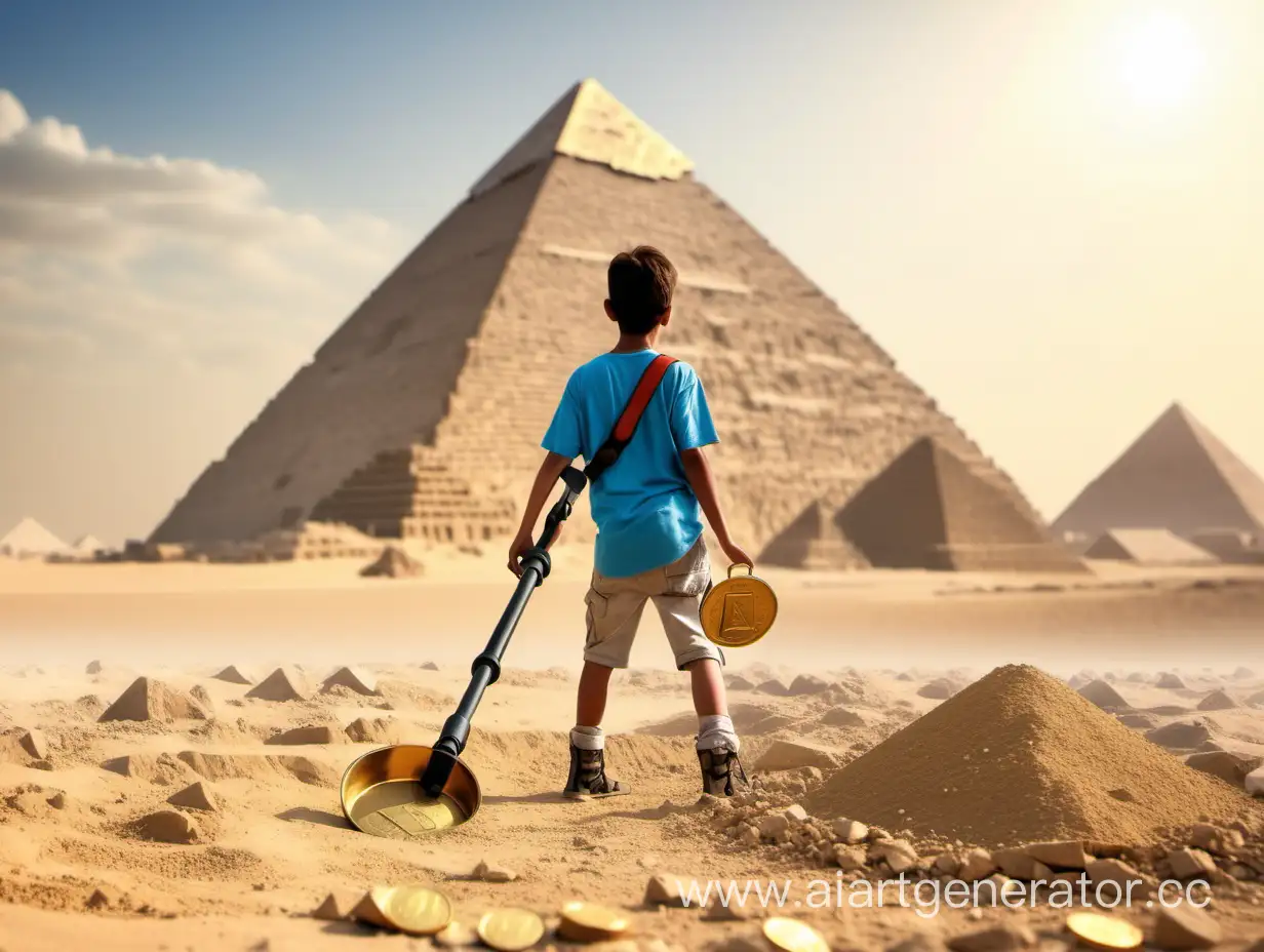 Мальчик лет 13, ищет золотую монету , металлоискателем , на фоне египетских пирамид .