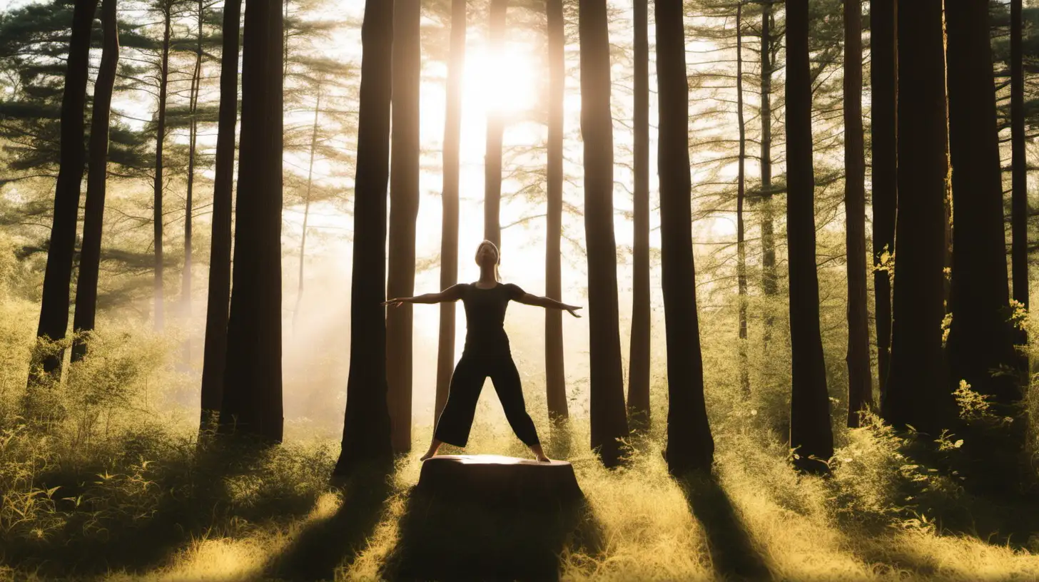 An image of a person practicing the tree pose in a serene natural setting, surrounded by tall trees and sunlight.