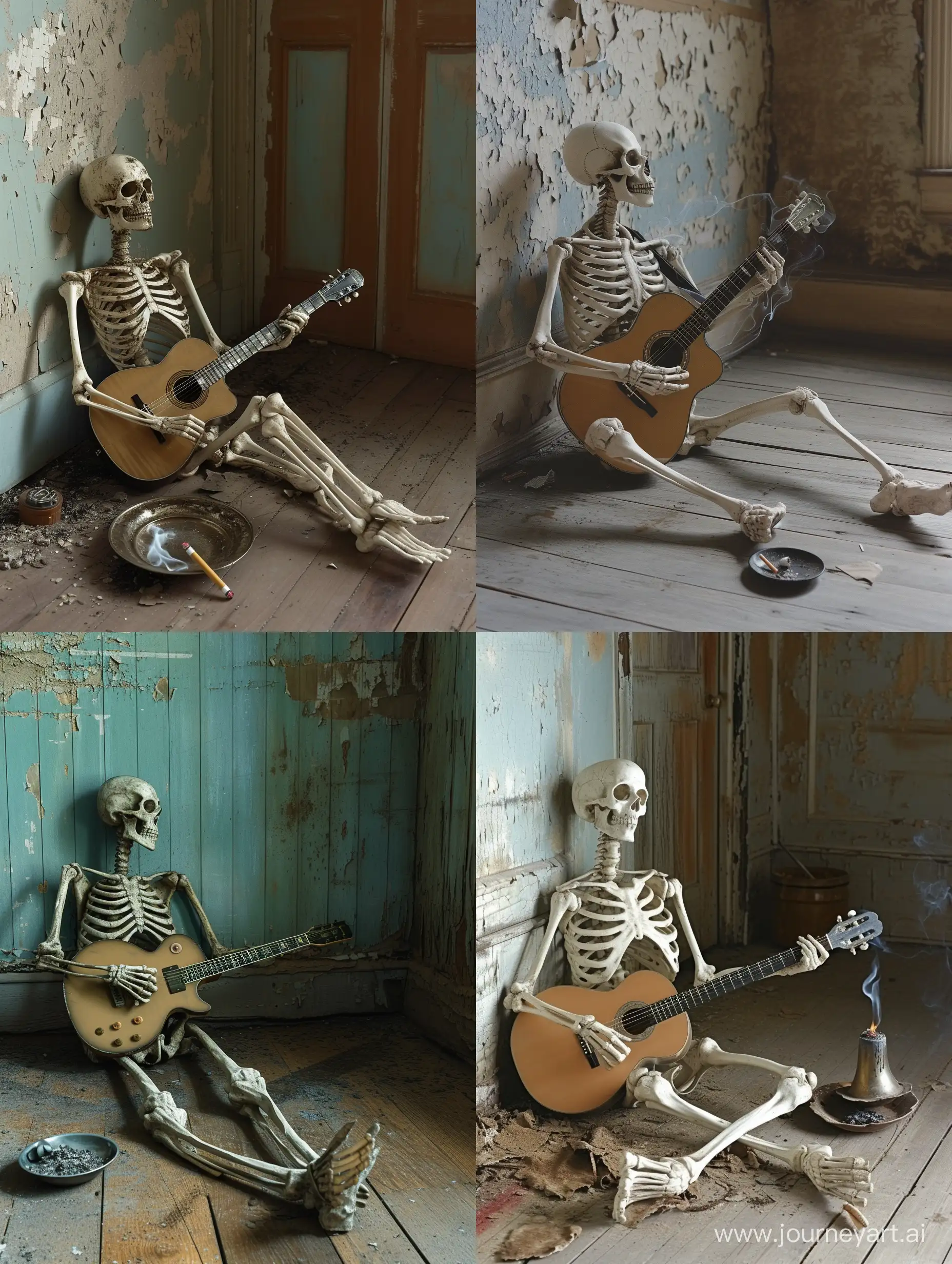 A saturated photo of a skeletal figure,
sitting on the worn-out floor of a run-down house.

The walls and wooden floor bear traces of old paint,
most of it chipped off, revealing the passage of time.

Legs crossed Indian style,
the skeletal figure exudes a grunge aesthetic,
wearing clothes that reflect the rebellious spirit of the era.

In his bony fingers, he holds a guitar,
strumming the strings with an ethereal melody,
filling the dilapidated space with haunting music.

Beside him, an ashtray holds a burning cigarette,
its smoke intertwining with the air,
creating an atmosphere of nostalgia and introspection.

This image captures the essence of raw emotions,
the juxtaposition of decay and creativity,
inviting viewers into the world of forgotten dreams,
where music serves as a balm for the weary soul.

Unlikely collaborators:
Kurt Cobain, the iconic grunge musician,
David Lynch, the filmmaker known for surreal and atmospheric storytelling,
Anton Corbijn, the photographer capturing the essence of music and subcultures,
Sarah Burton, the fashion designer blending darkness and romanticism,
Tarsem Singh, the director known for his visually stunning and symbolic films. 
