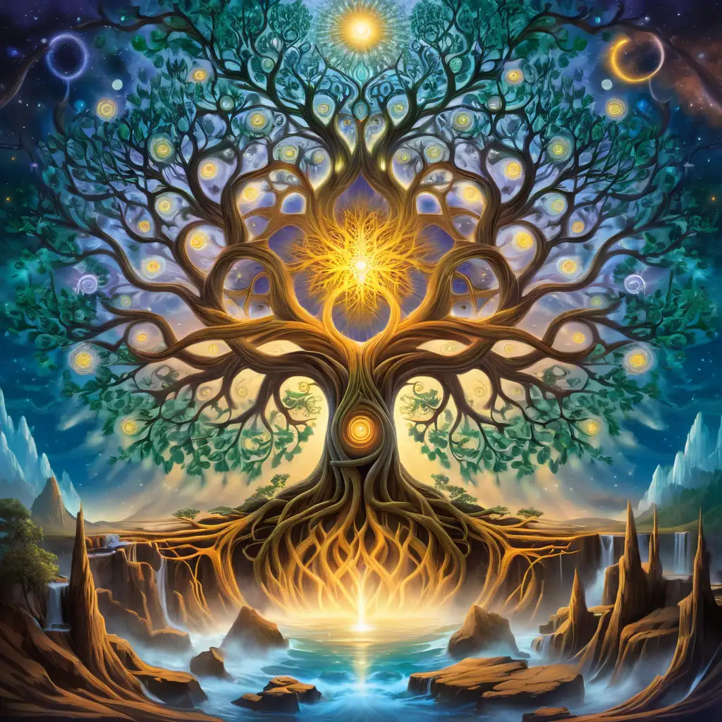 mystical tree growing in four directions connected at the roots, swirling elemental chaos at the center, alternate planes of existence in the branches