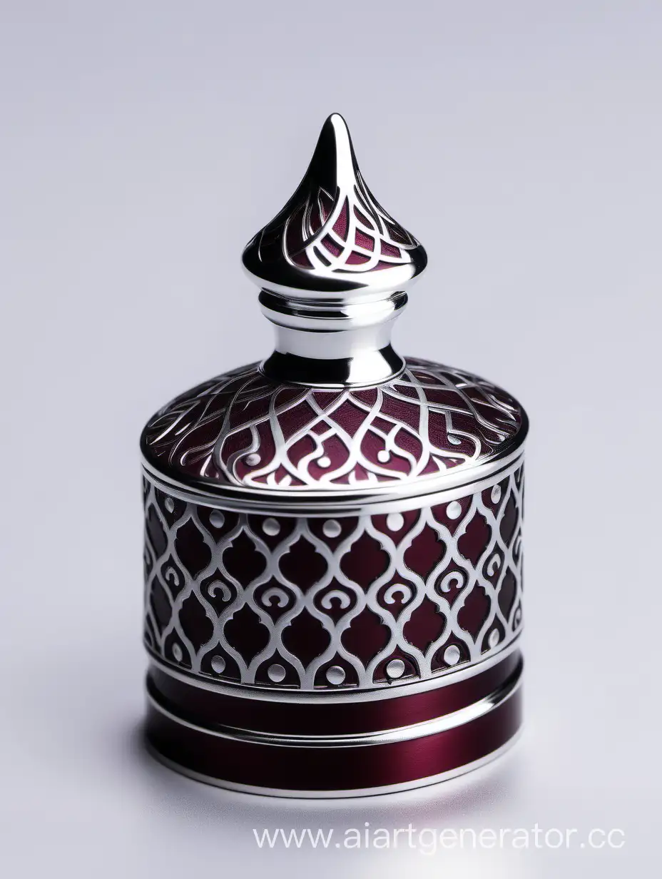 Elegant-Zamac-Perfume-Cap-with-Shiny-Silver-Finish-and-Dark-Burgundy-Arabesque-Pattern