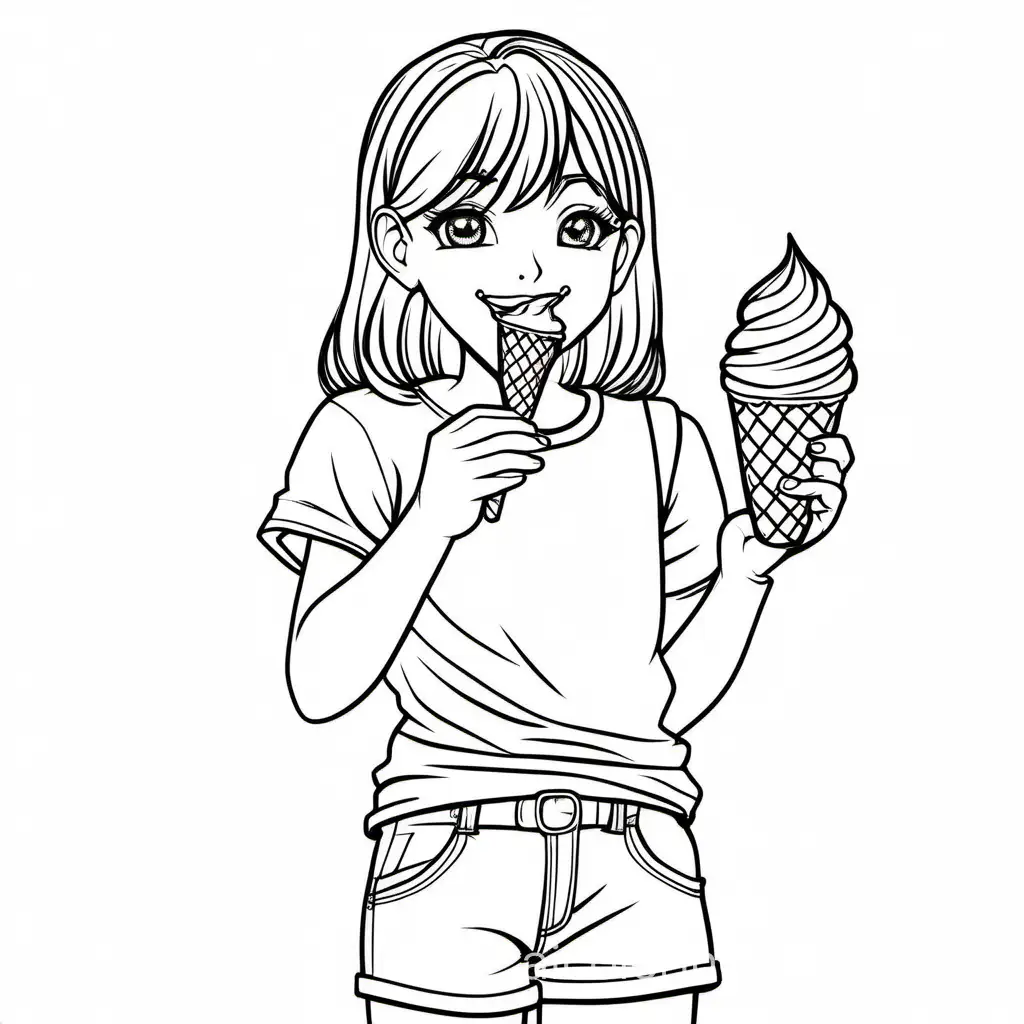 manga girl eating icecream, baggy pants, Coloring Page, black and white, line art, white background, Simplicity, Ample White Space. The background of the coloring page is plain white to make it easy for young children to color within the lines. The outlines of all the subjects are easy to distinguish, making it simple for kids to color without too much difficulty