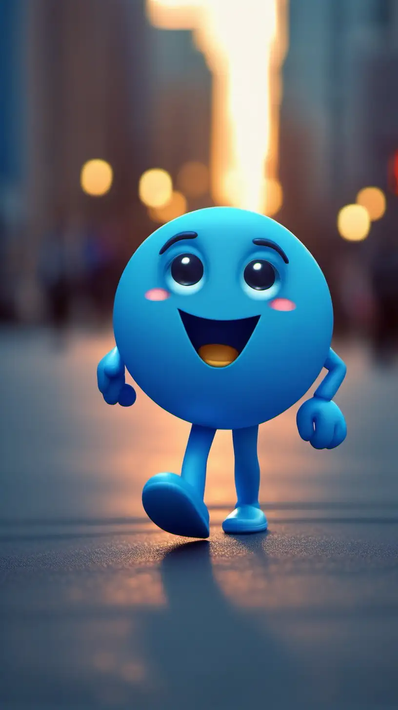 Cute Blue Emoji character mini. Walking in the city. . At Dusk. 10K hd Image quality.