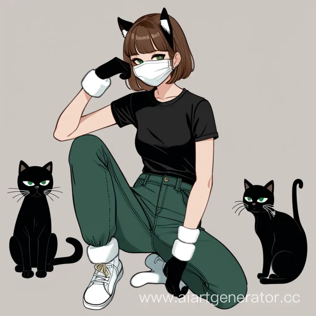 Нарисуй девушку с короткими коричневыми волосами, в чёрной футболке, тёмно зелёных штанах, в маске сиамской кошки, белых лапках митенках, и чёрном хвосте кошки