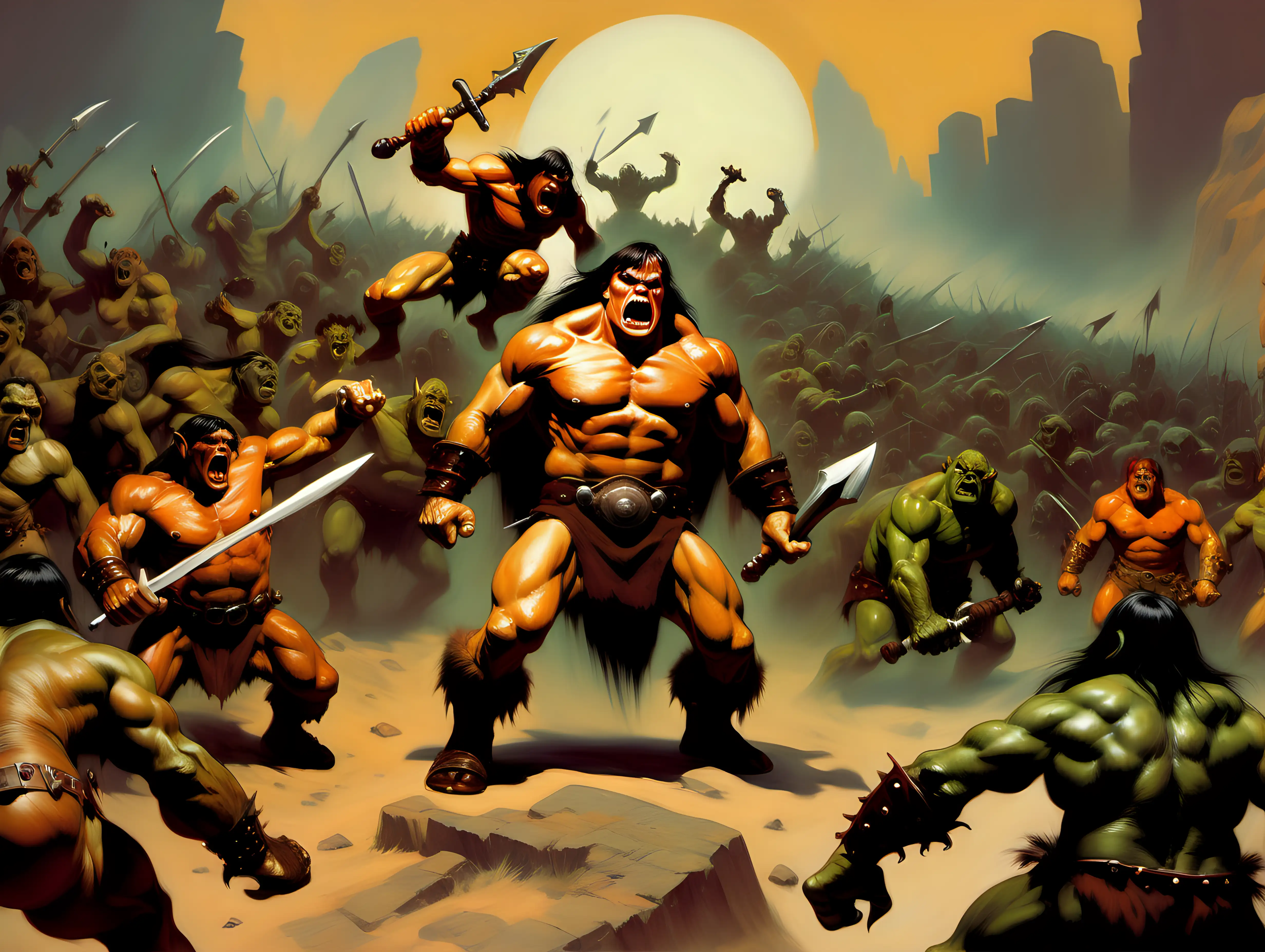Conan Battles Ogres in Epic Frank Frazetta Style Fantasy Scene