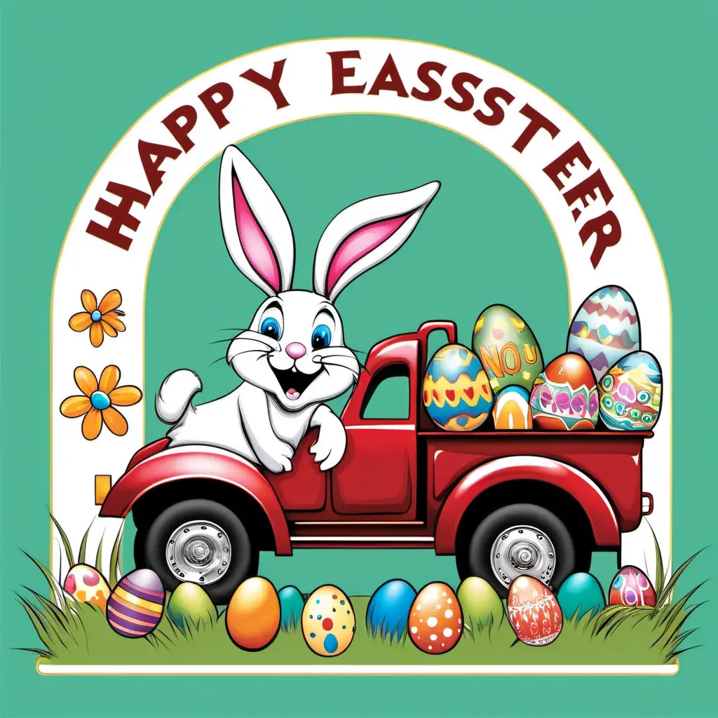 HAPPY EASTER , ARCHED LETTERS, EASTER BUNNY,  TRUCK REAR, NO BACKGROUND