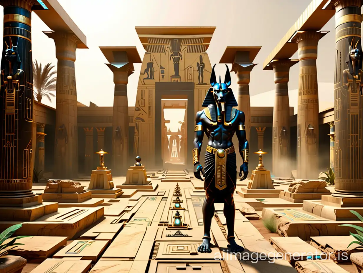 A visualization of the character of Anubis, the Egyptian god, in a futuristic technological form clearly with old temple in backyard