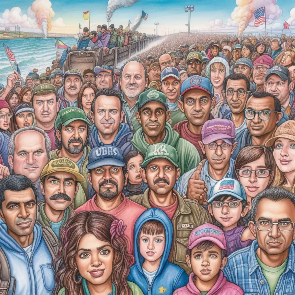 Create a vivid picture of many immigrants at the European border . The image must be in the style of Matt Wuerker.