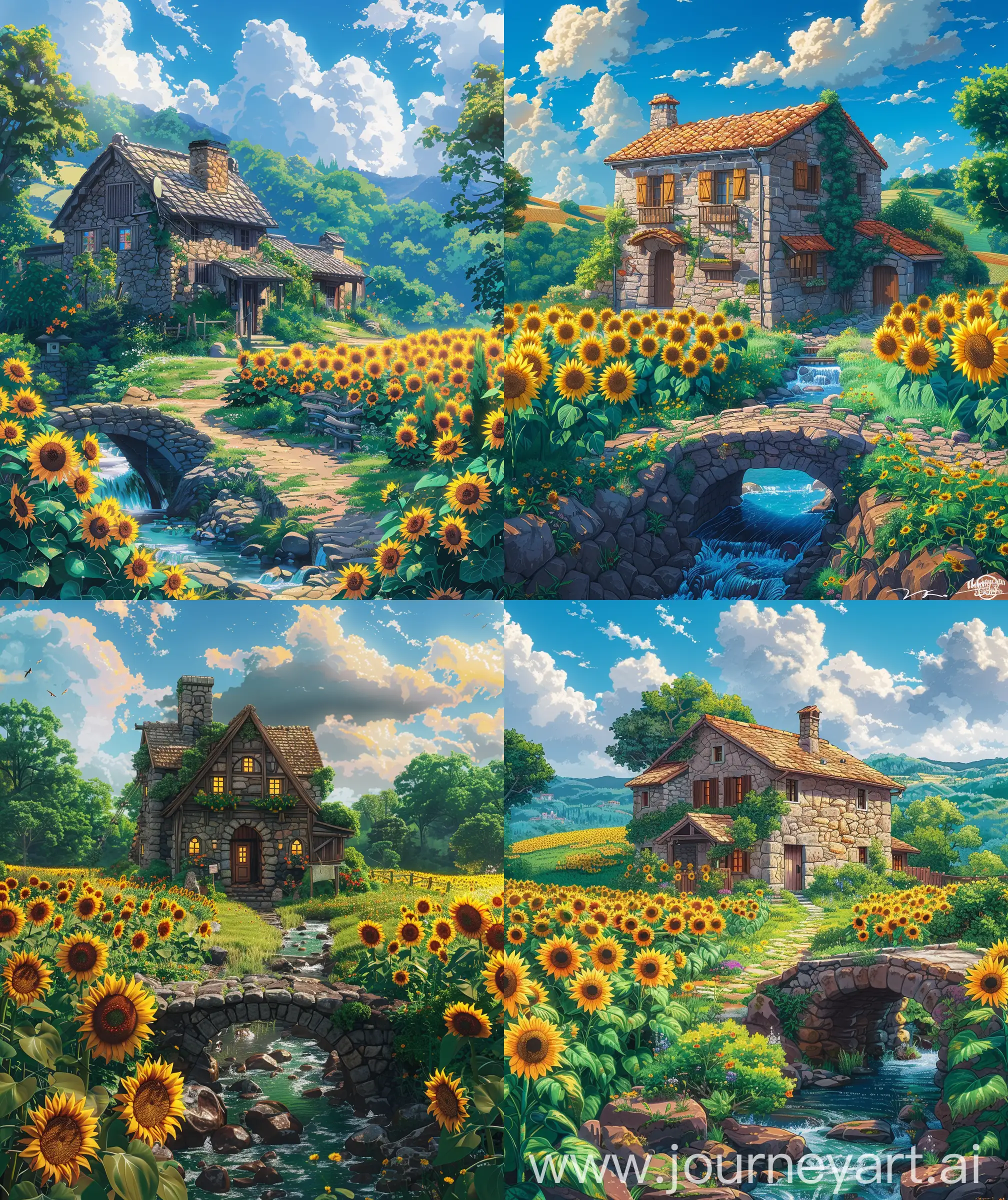 Beautiful anime scenery, illustration, mokoto shinkai and ghibli style mix, direct front fecade view of quaint stone house, sunflower field, small stone bridge over stream, day time, beautiful sky, Vibrant look, ultra HD, high quality, sharp detail, no hyperrealistic --ar 27:32 --s 400