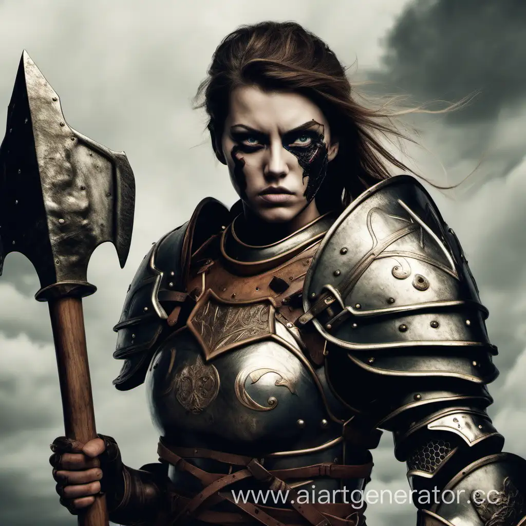 A female warrior in armor, with one eye missing, with an axe and shield in hand