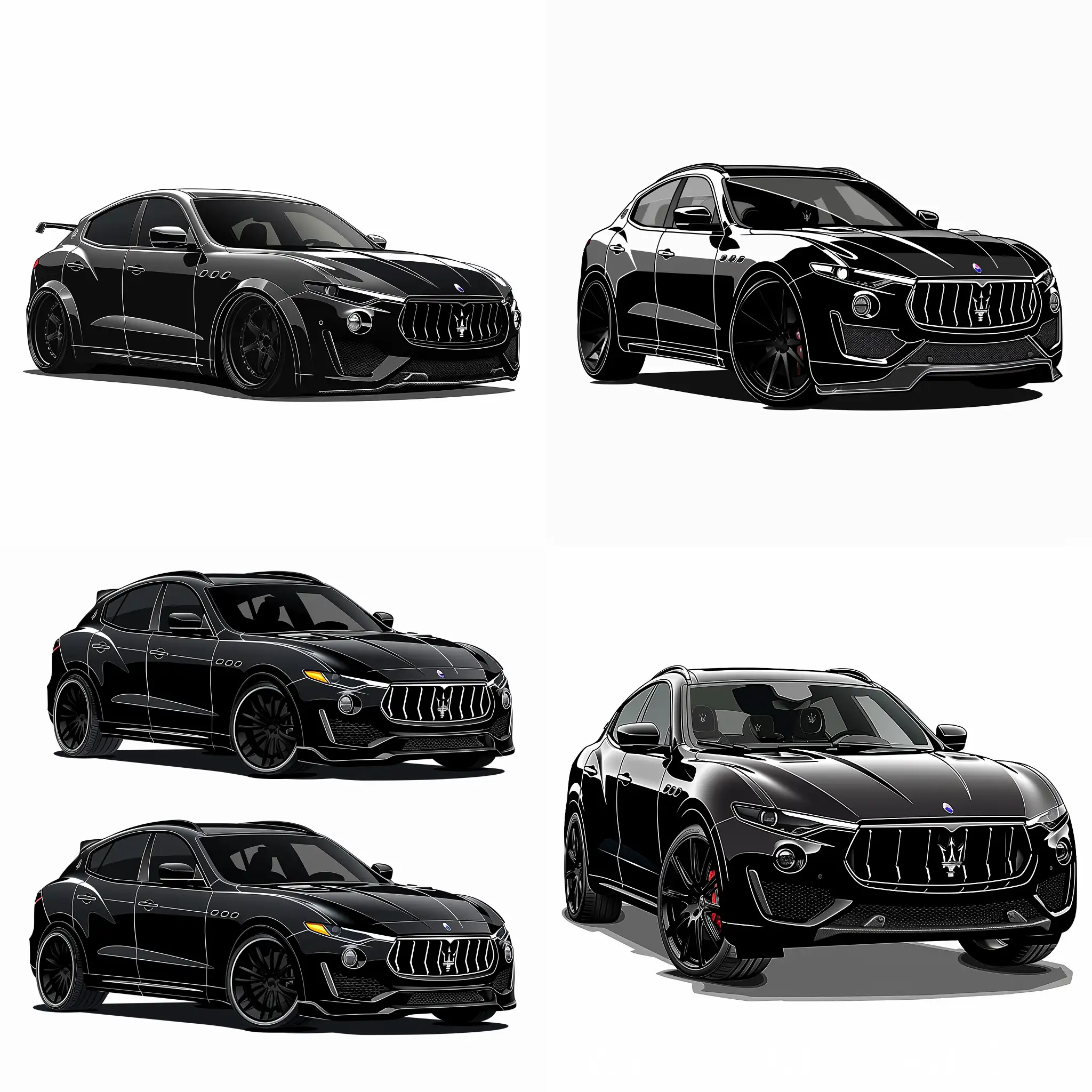 Minimalism 2D Car 2/3 View Illustration of: Black Maserati Levante, white Background, Adobe Illustrator Software, High quality 