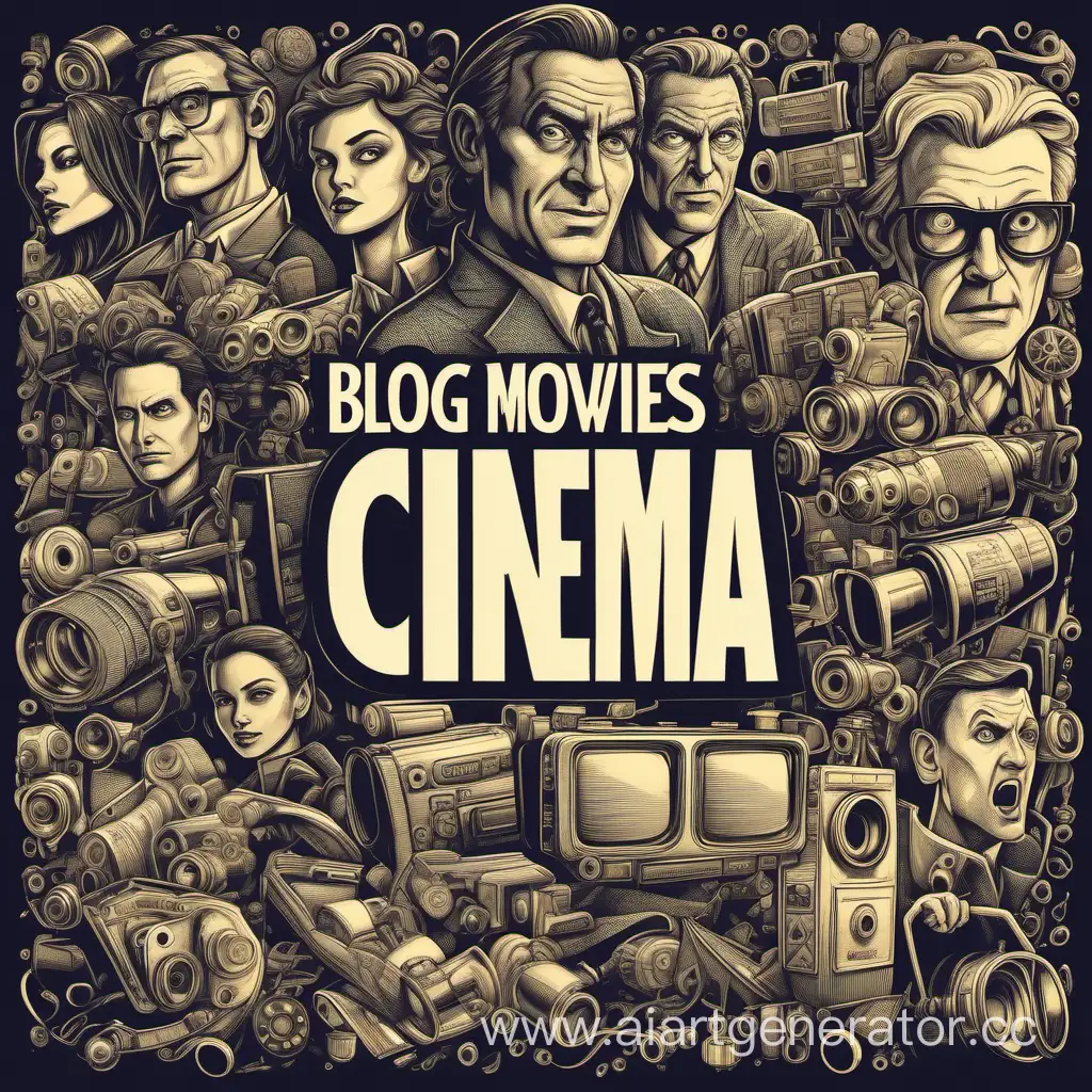 глянцевая обложка блога про фильмы и кино в стильно, очень много деталей, супер качество, прорисовка всего, масштаб  